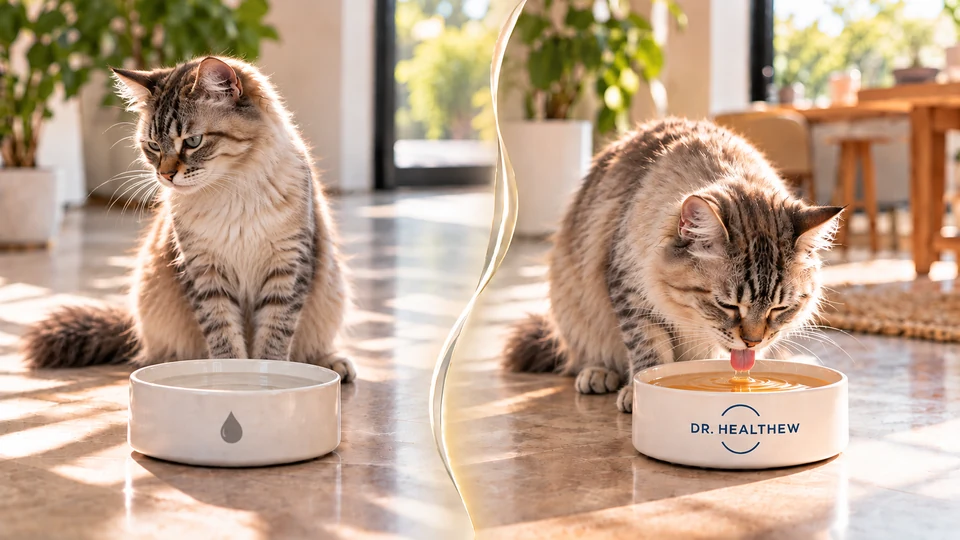 Concept illustration of a cat beside two drinking bowls