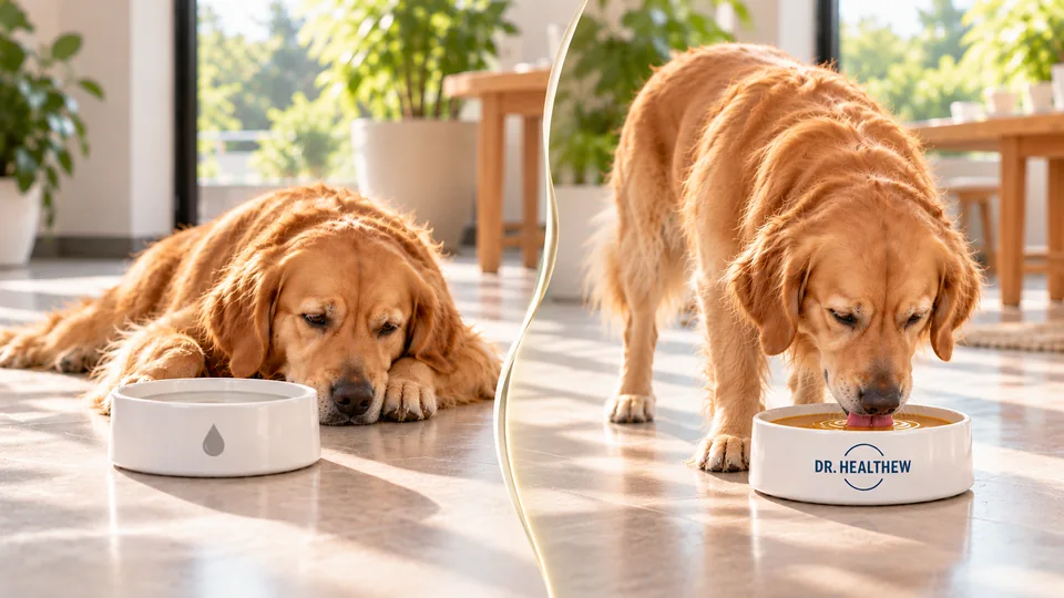 Concept illustration: a dog resting beside water and enjoying a drink