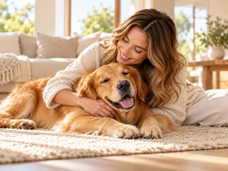 A woman cuddling her relaxed golden retriever at home