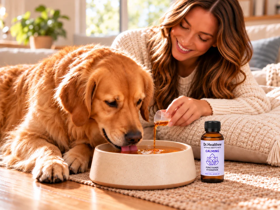 A dog drinking beside its owner and a Dr. Healthew Calming bottle