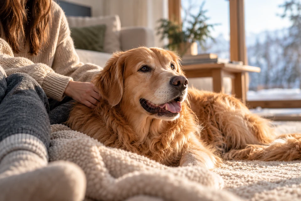 A dog relaxing beside a companion