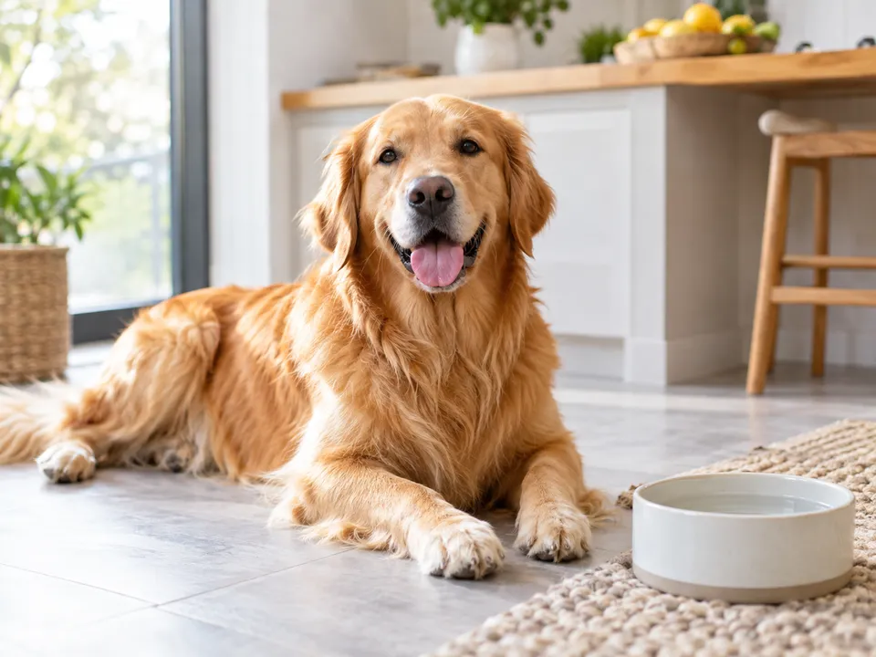Golden retriever resting beside a water bowl in a bright kitchen