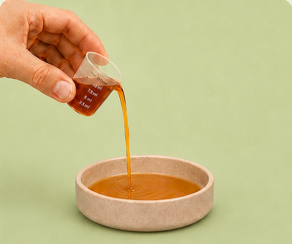 Measured concentrate being poured into a water bowl