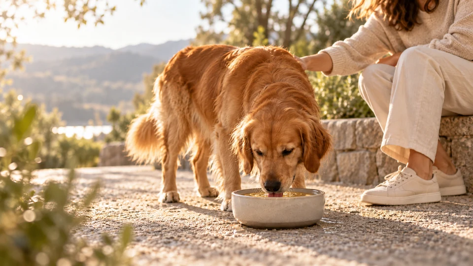 Golden Retriever enjoying an amber drink outdoors beside a companion