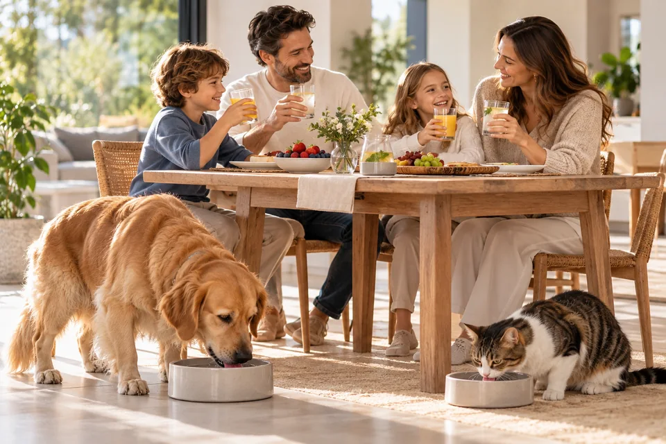 Family having breakfast with their dog and cat