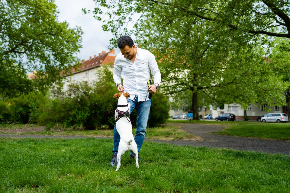 Dr. Farshad Goodarzi playing with his dog outdoors