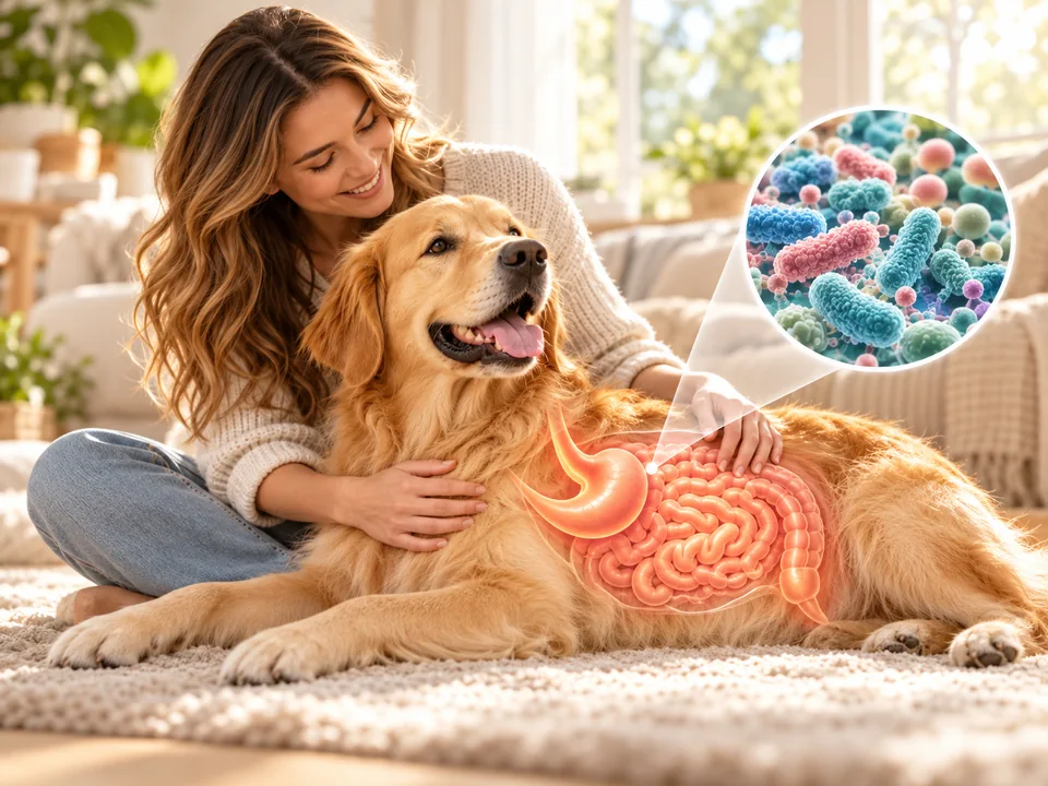 Woman with a dog and a stylised illustration of digestion and gut microbes