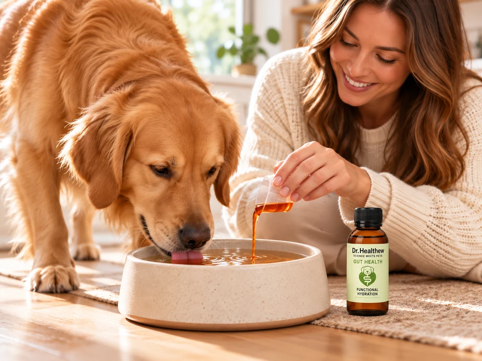 A dog drinking beside its owner and a Dr. Healthew Gut Health bottle