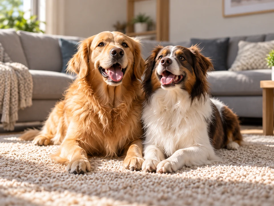 Two dogs relaxing together at home