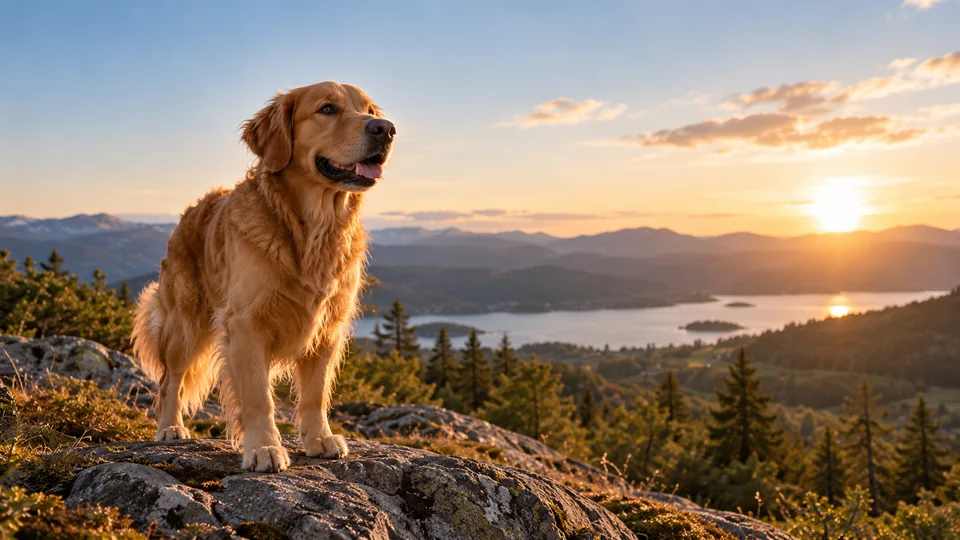 Golden Retriever overlooking a sunlit lake and mountains