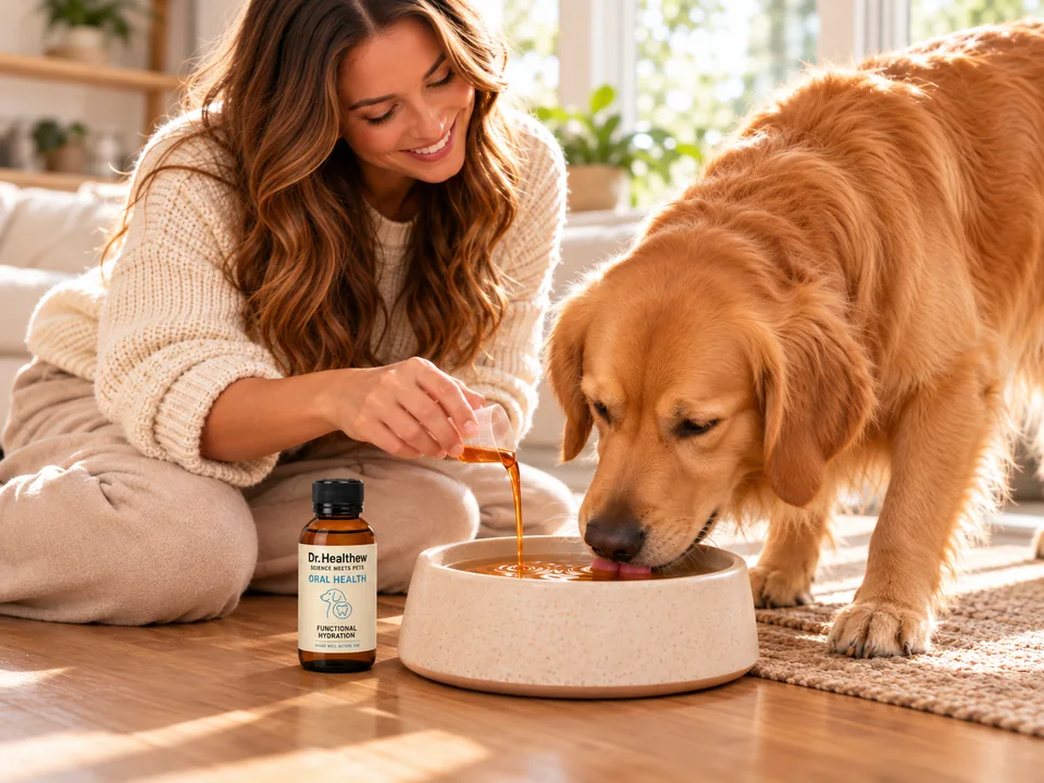 A dog drinking beside its owner and a Dr. Healthew Oral Health bottle