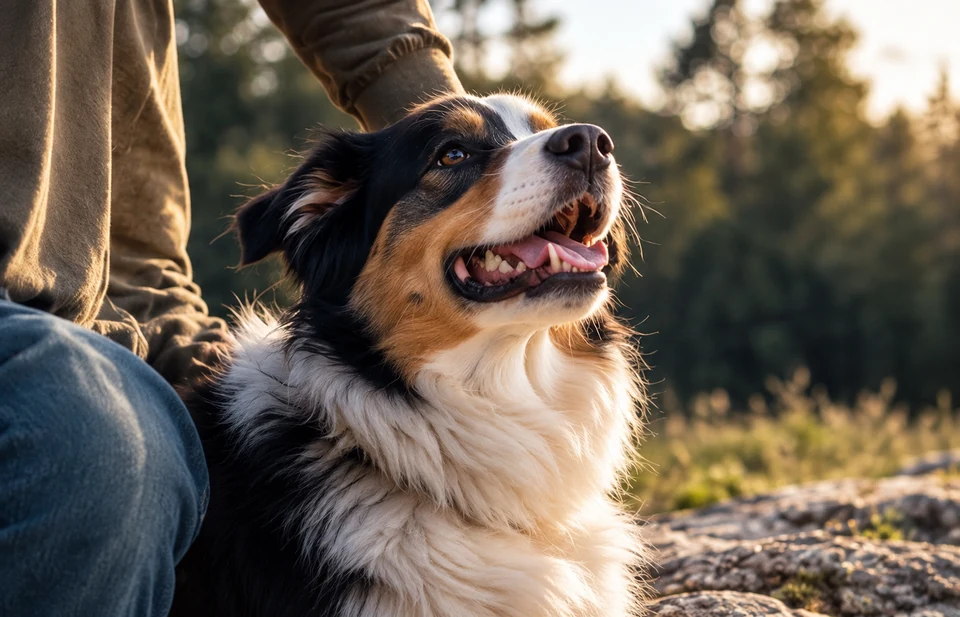 Tricolour dog showing its teeth beside a companion outdoors