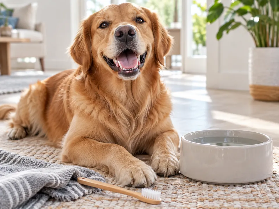 Golden retriever beside a water bowl and toothbrush