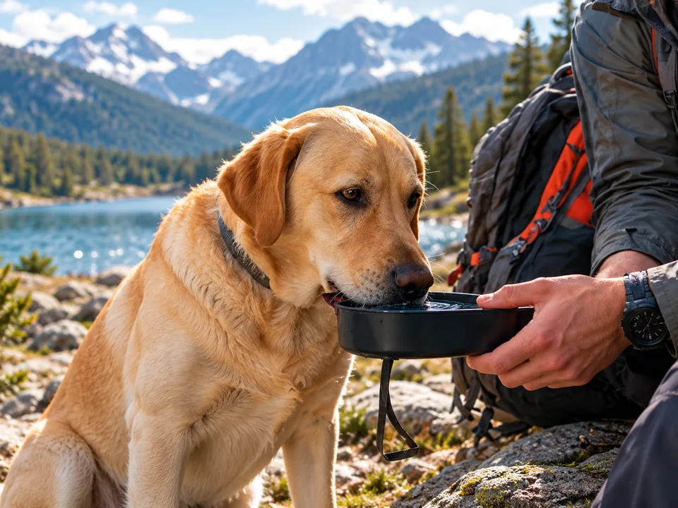 Labrador drinking outdoors from a portable bowl