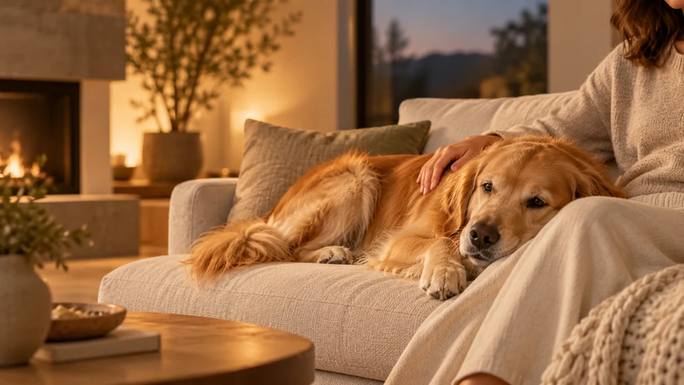 Content dog relaxing by a warm fireplace