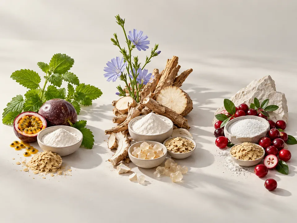 An arrangement of fruit, leaves, roots, powders and yeast flakes representing the three product formulas