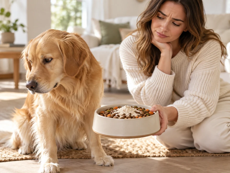 A dog looking away from a meal with added powder