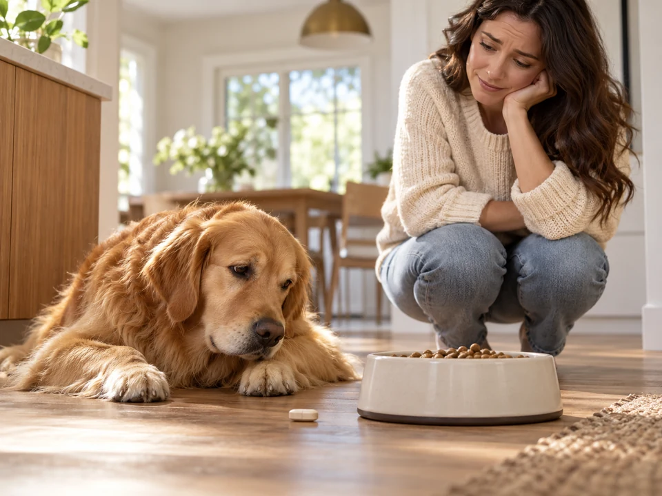 A dog resting beside an untouched tablet and food bowl