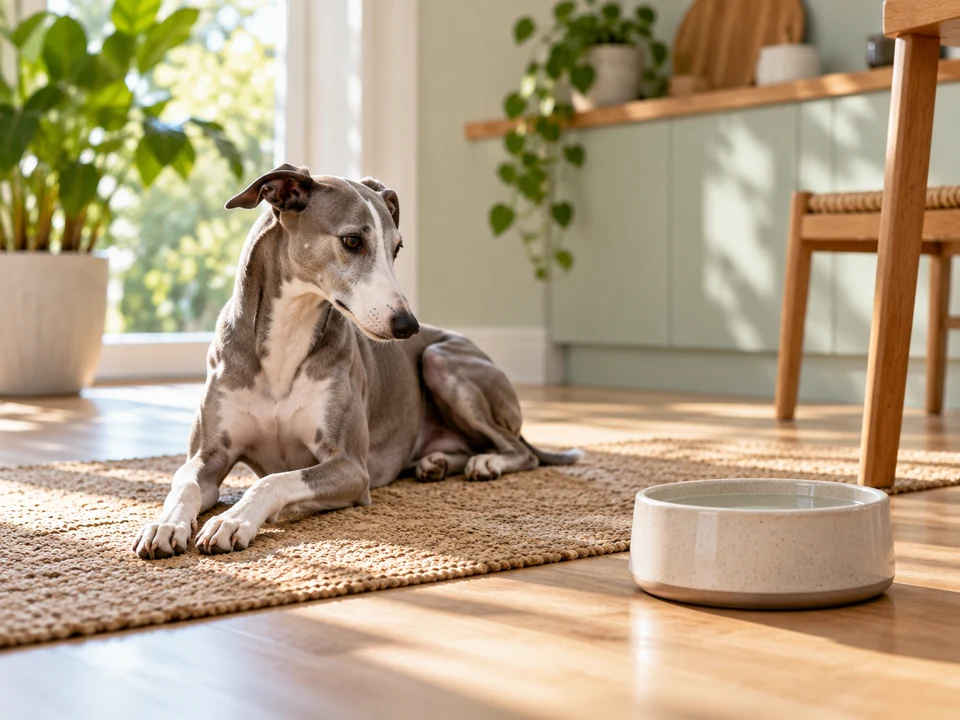 Grey dog resting beside an untouched water bowl
