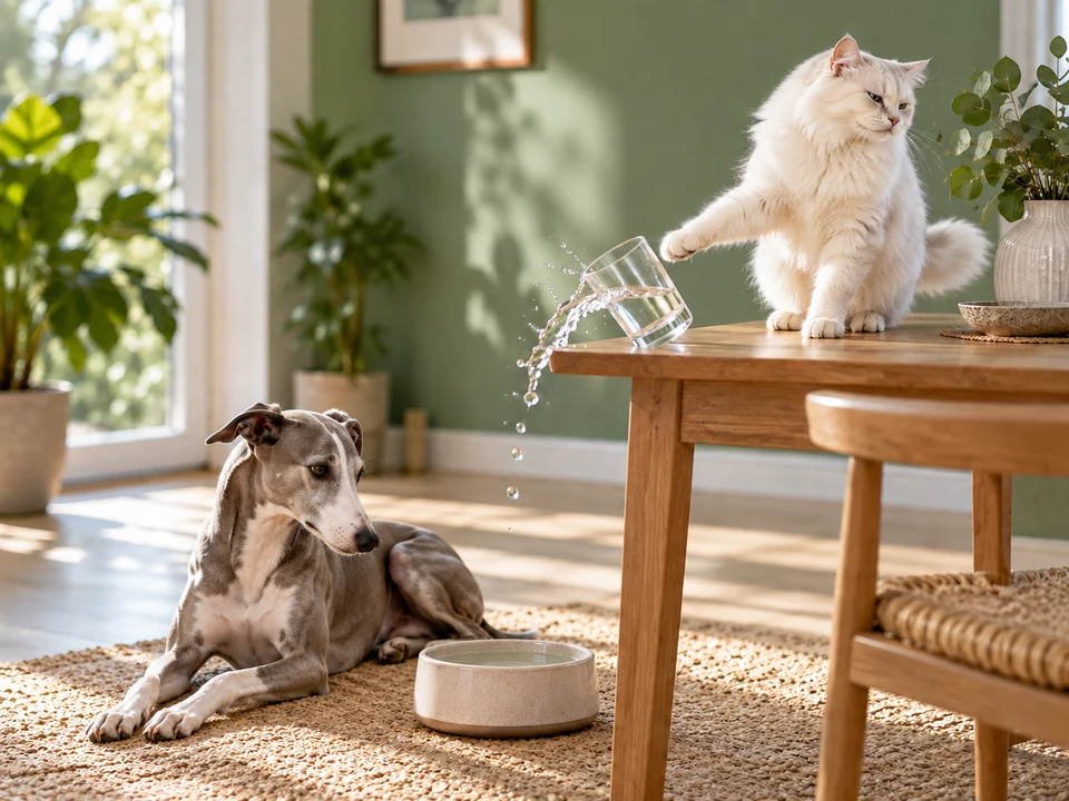 Concept illustration of a cat tipping a water glass and a dog beside a bowl